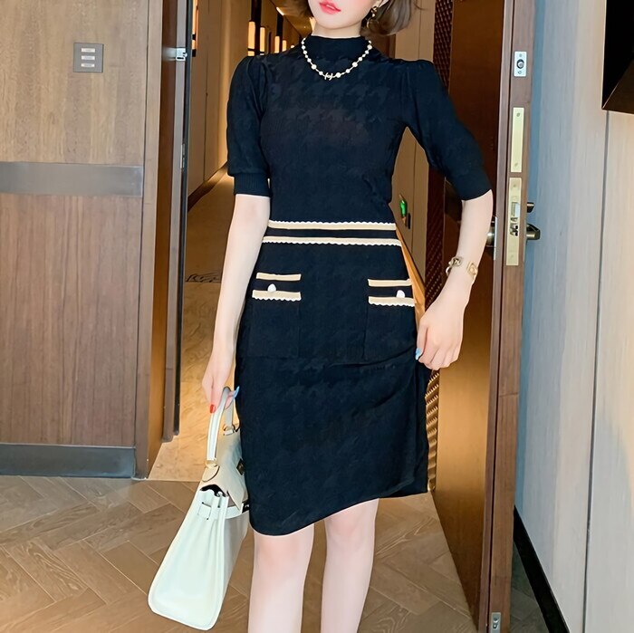 ワンピース 千鳥格子 チドリ チドリ柄 ニットワンピース ニットワンピ ハイネック スタンドネック 半袖 パフスリーブ Aライン フレア ハイウエスト 膝丈 膝上 ミディ丈 着痩せ