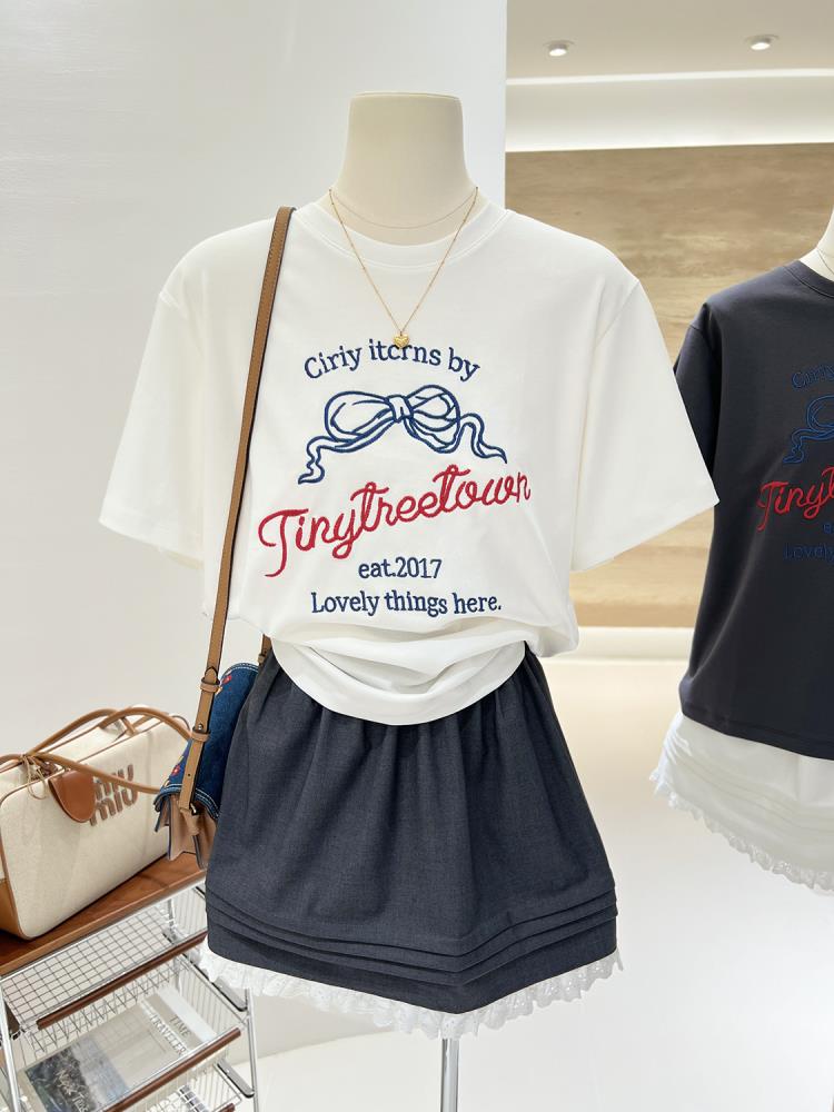 【1点ご購入 で10点プレゼントいたします】純綿韓系レトロで洗練されたリボンプリントアルファベットゆったり着やせ高級半袖Tシャツ女