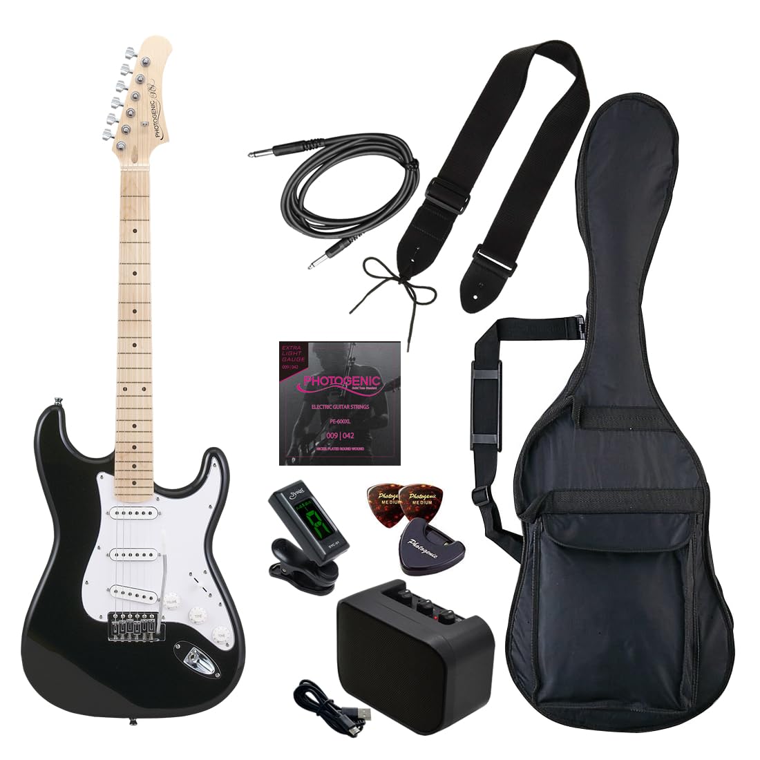 PhotoGenic エレキギター 初心者入門ライトセット STタイプ ST-180M/BK ブラック [ソフトケース/シールド/ミニアンプ/チューナー/ストラップ/ピック/ピックケース/弦/調整用レ