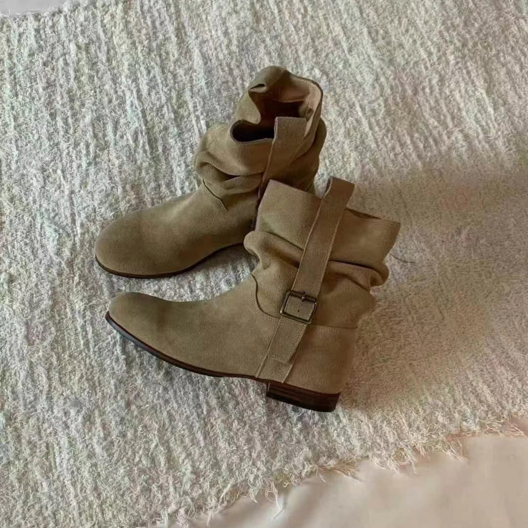 レトロパイルブーツの牛革バージョンレディースショートブーツウエスタンカウボーイナイトブーツ