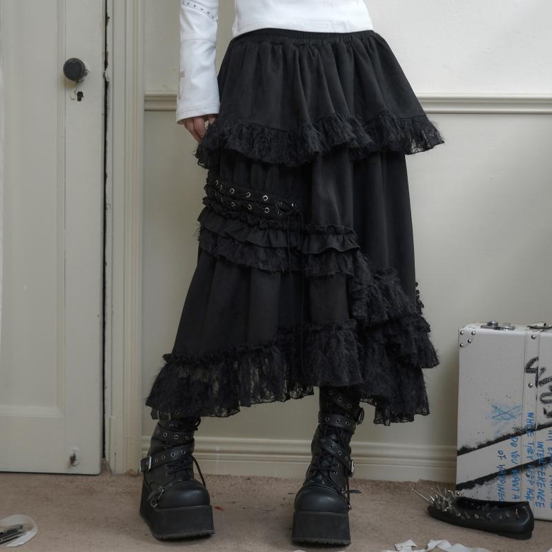 ティアードスカート ロング レディース ボトムス ガーリー マキシスカート パンク ストラップ ファッション ブラック 9,230円