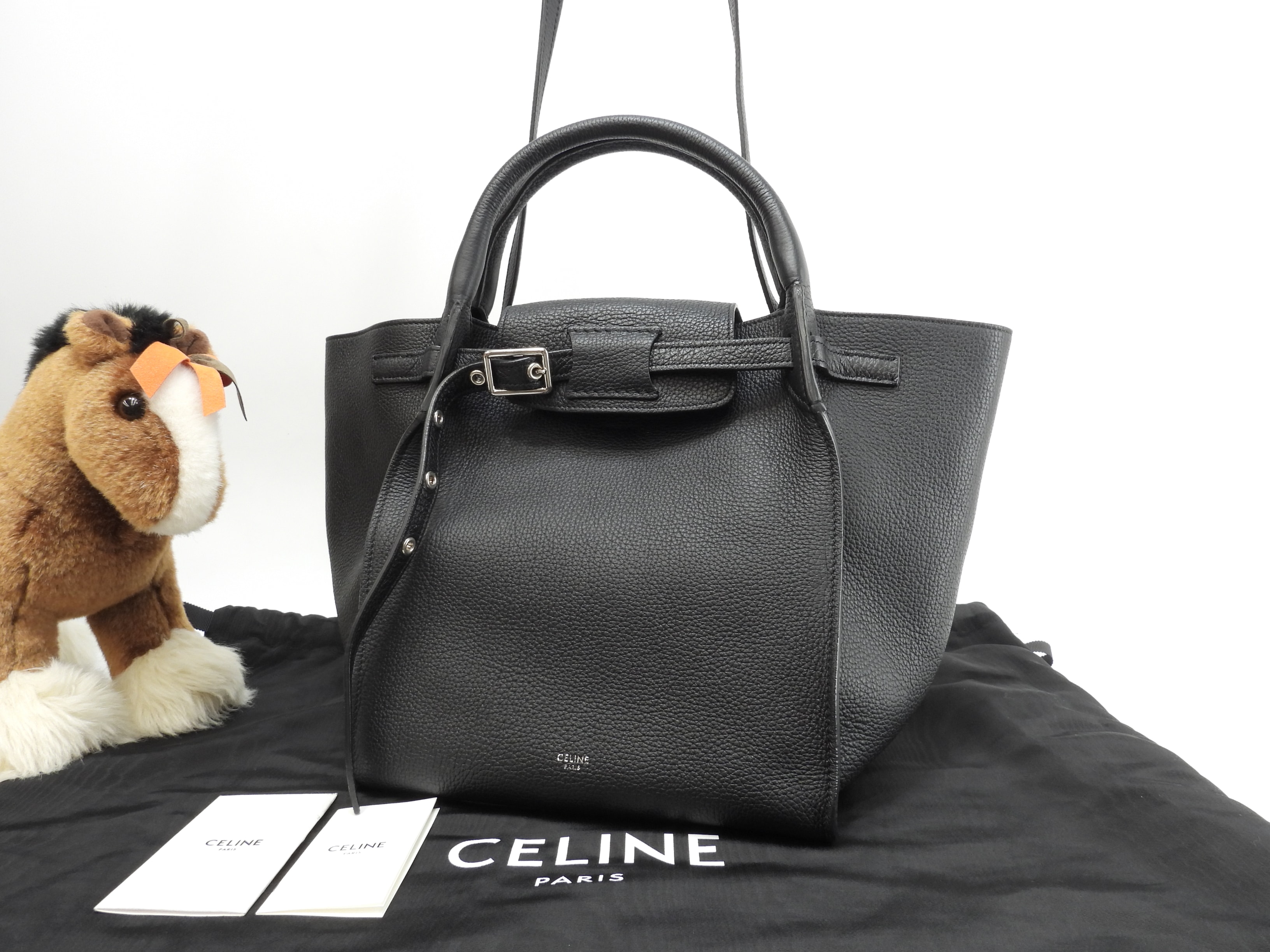 ビッグバッグスモール レザー 黒 ショルダー付ハンドバッグ 極美品@U-LM-5118 2