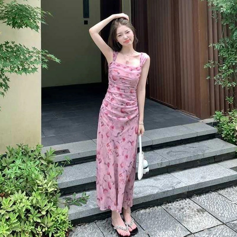 プリント ワンピース ロングワンピース キレイめ シフォン タイトワンピース キャミワンピース 袖なし 着痩せ ミモレ丈 膝下 かわいい ガーリー カジュアル ナチュラル 薄手 涼しい サマードレス