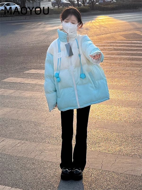 アメリカのグラデーション色の綿服女性冬の新型の小柄な綿入れの綿入れの上着の保温のゆったりしたコートins