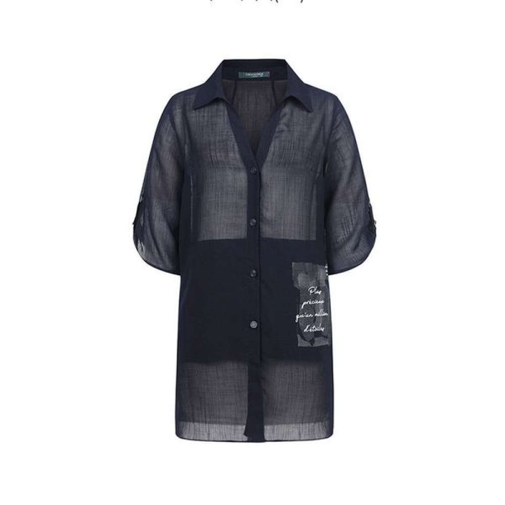 [クロコダイルレディ] ダークネイビースリーブロールアップバックルロング丈ブラウスCLCMBL121