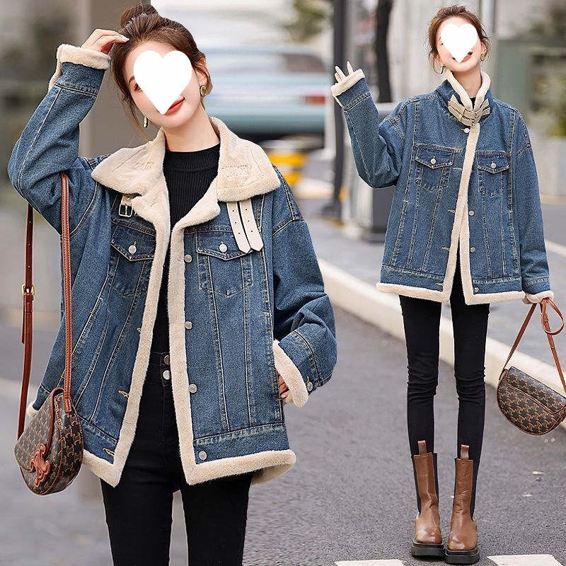 レディース冬新作韓国ファッションゆったりフィット万能フリース裏地厚手デニムジャケット冬スタイル