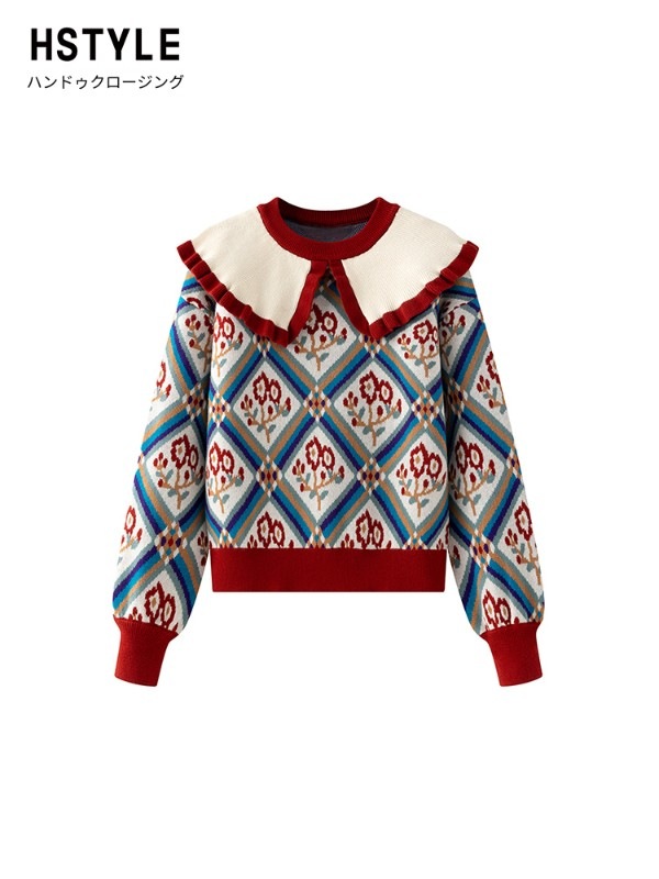 ラ・シャペルの赤と青のレトロプリントのドールカラーダイヤモンドセーターレディースプチトップコート春の新作