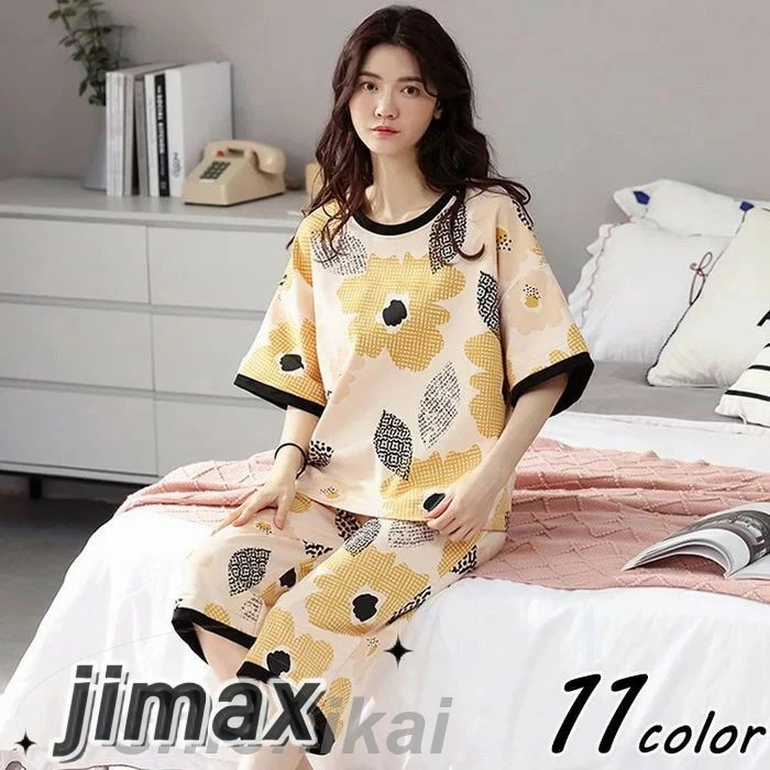パジャマ ルームウェア レディース 春夏 半袖 パジャマ ルームウェア 花柄 七分丈ワイドパンツ上下セット 可愛いパジャマ 女性 部屋着 寝間き大きいサイズ 快適