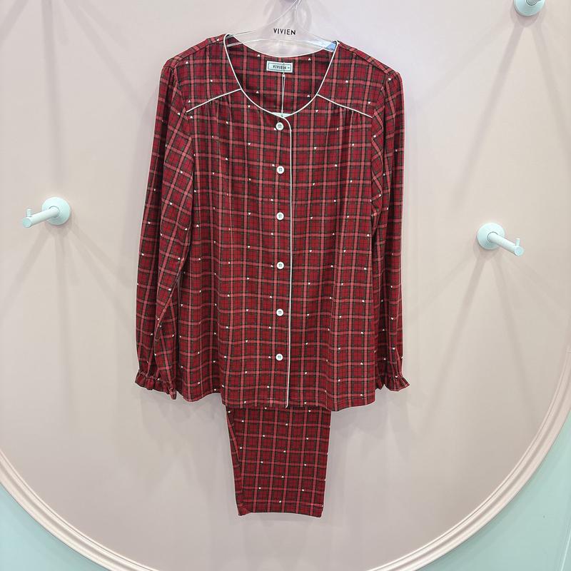 ポリ起毛スパン女性ハートチェック柄パジャマ寝巻きWP8879A_GN