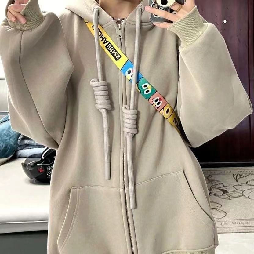 2023秋冬無地セーターフード付きゆったり女子学生カーディガン純綿ジャケット