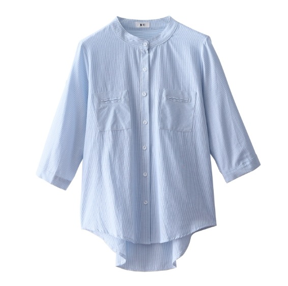 トップス ルーズシャツ 長袖シャツトップス ストライプ柄シャツ トップス Tシャツ シャツ ブラウス 袖あり 長袖 ボリューム袖 Vネック 襟付き ストレート ワイド Iライン スマート 前開き