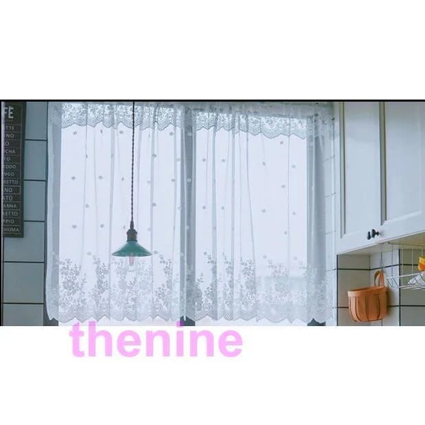 2枚購入で 2oo円FF![超激安]入荷カフェカーテン おしゃれ 裾トリムつき モダン 飾り 目隠し ホワイト 花柄 棚 インテリア キッチン 150×50cm 小窓