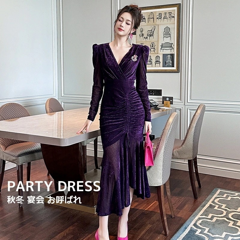 レディースワンピース パーティードレス 感 エレガント 礼服 新着 上品 きれいめ 無地 パープル 着痩せ Ｖネック しわ感 ロングスリーブ 宴会 お呼ばれ 忘 タイトワンピース フィッシュテ