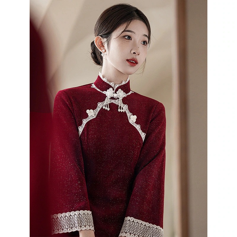 ワンピースドレスドレスレッドチョンサム結婚式と冬に加えてフリースバックドア服花嫁の結婚式の服エンゲージメントドレス長袖