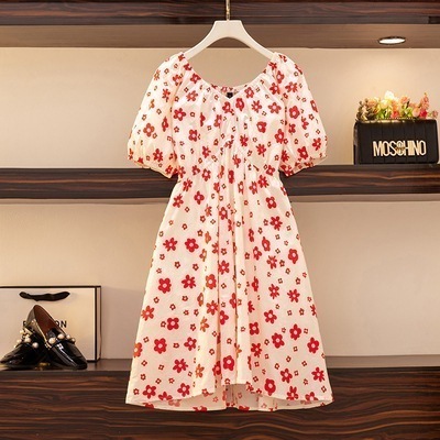 花柄ワンピース 膝丈 花柄 袖あり パフスリーブ 半袖 チュニック 襟なし デザイン 美ライン ニュアンス スリット レイヤード かわいい 大人可愛い きれいめ シンプル カジュアル 大人 上品