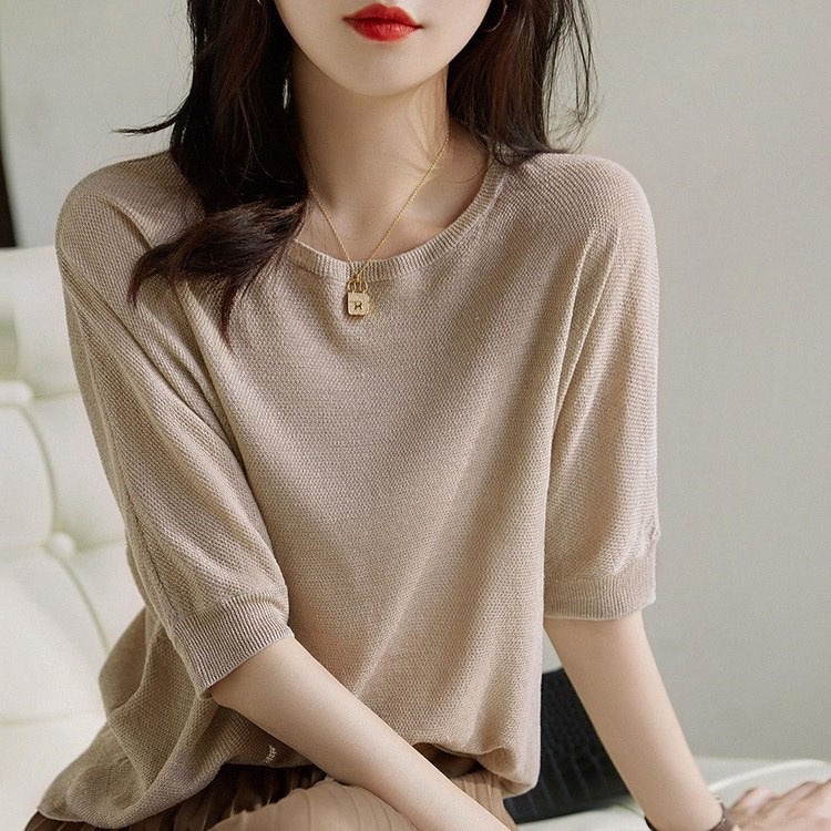 トップス ニットソー ショート ショート丈 袖あり 5分袖 ラウンドネック ワイド ニット かわいい 大人可愛い きれいめ シンプル カジュアル 大人 上品 おしゃれ お洒落 大人女子 こなれ感 ラフ