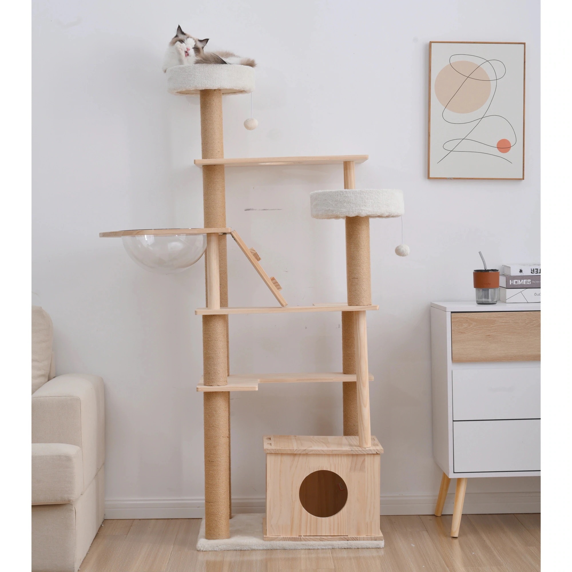 2枚で1oo円OFF！【国内即日発送】キャットタワー 猫タワー 天然木製 宇宙船付き 麻紐支柱 爪とぎ おもちゃ付き 安定感 ペットハウス 上りやすい クリアボウル 省スペース 多頭飼い 角丸 据え置