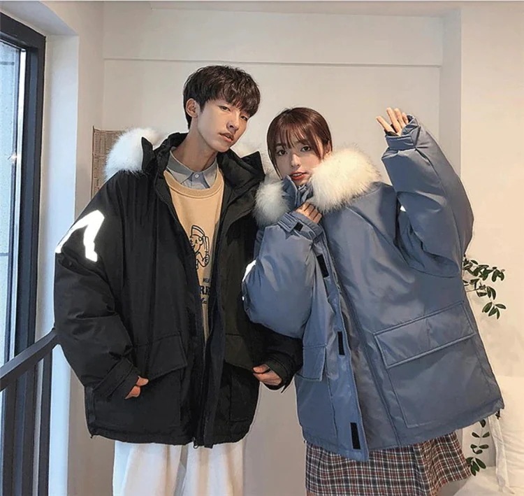 【急速出荷!】韓国ファッション秋冬 タイドブランド 反射ストリップゆったりする 綿の服 毛皮の襟 カップル コート