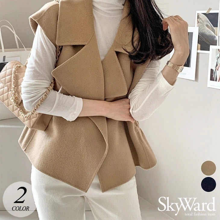 ジレ ベスト フレンチスリーブ コート アウター 羽織り レディース ギャザー 袖なし マニッシュ 可愛い おしゃれ 流行 カジュアル きれいめ シンプル 大人可愛い 秋 冬 ゆったり 大きめ 無地