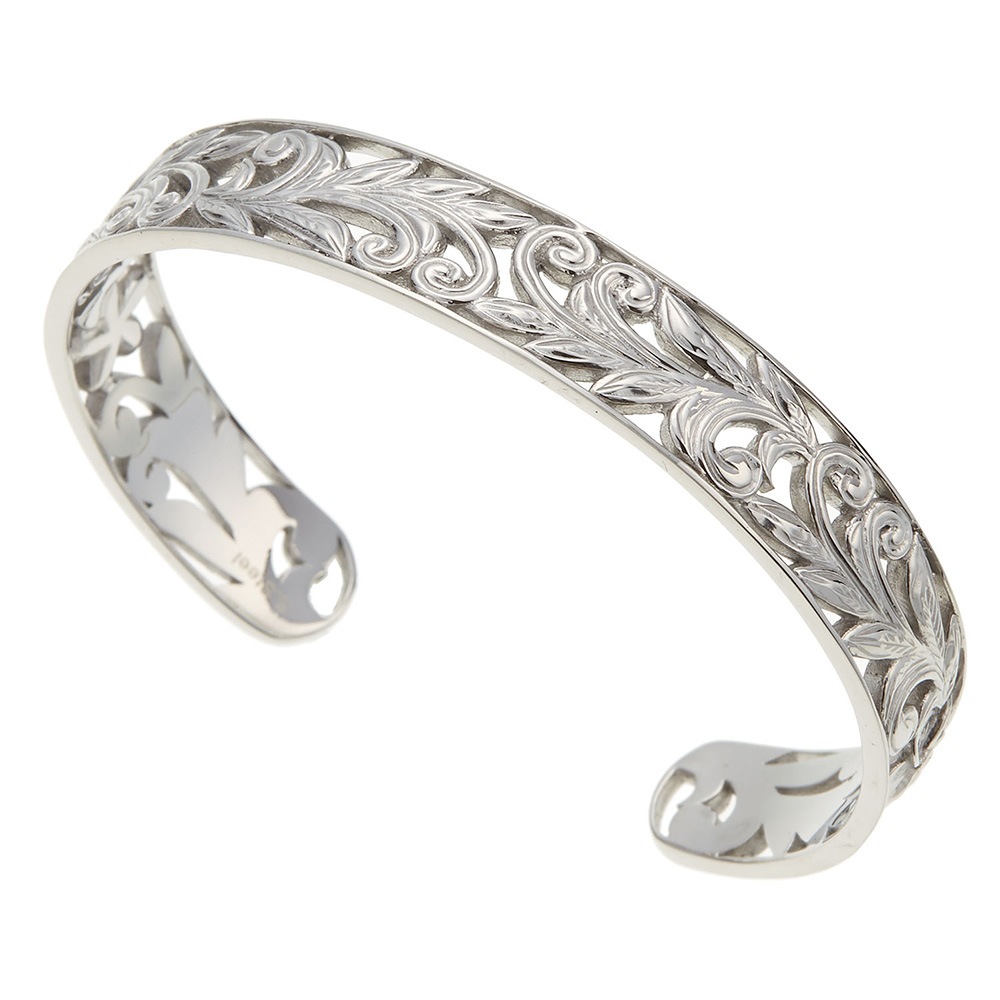 バングル レディース メンズ ハワイアン サージカルステンレス製 スクロール プルメリア 透かし