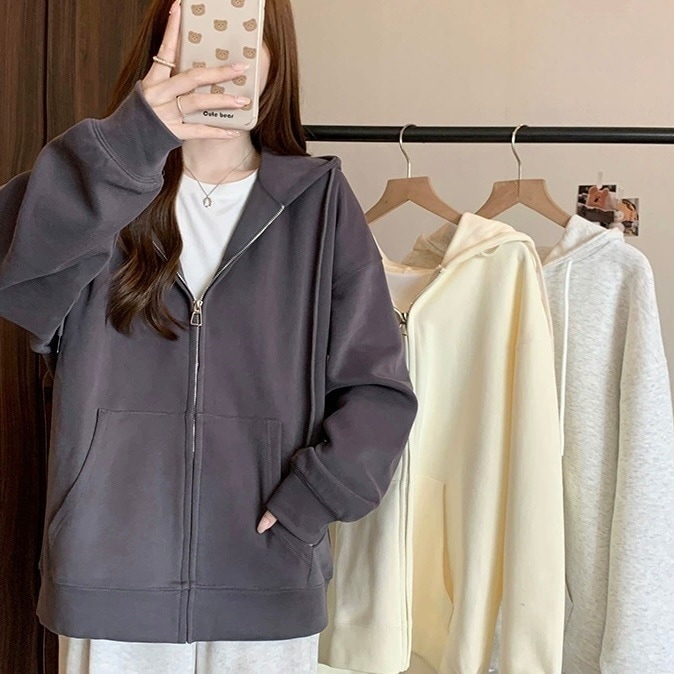 レディース トップス パーカー レギュラー丈 長袖 ルーズ フード付き ファスナー 前開き 大人可愛い きれいめ シンプル 上品 お洒落 かっこいい レトロ 無地 オルチャン 20代 こなれ感 春秋