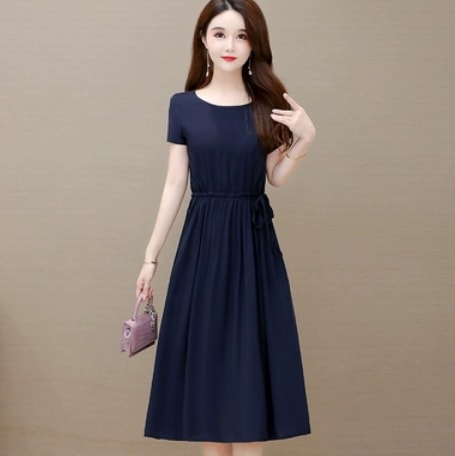 半袖ゆったりミモレ丈ワンピース 半袖 大きめ Aライン ウエストリボン 清潔感 お出かけ ルームウェア 大きいサイズ ブルー グリーン ブラック 旅行 爽やか フレア かわいい 大人可愛い きれいめ 4,932円