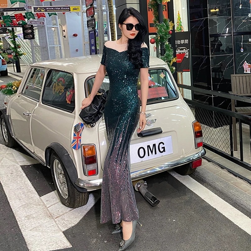 イブニング ドレス スカートの女性の宴会の気質高貴な雰囲気の長いワンショルダー スパンコール フィッシュ テール スリムなオーラの女王 母の日