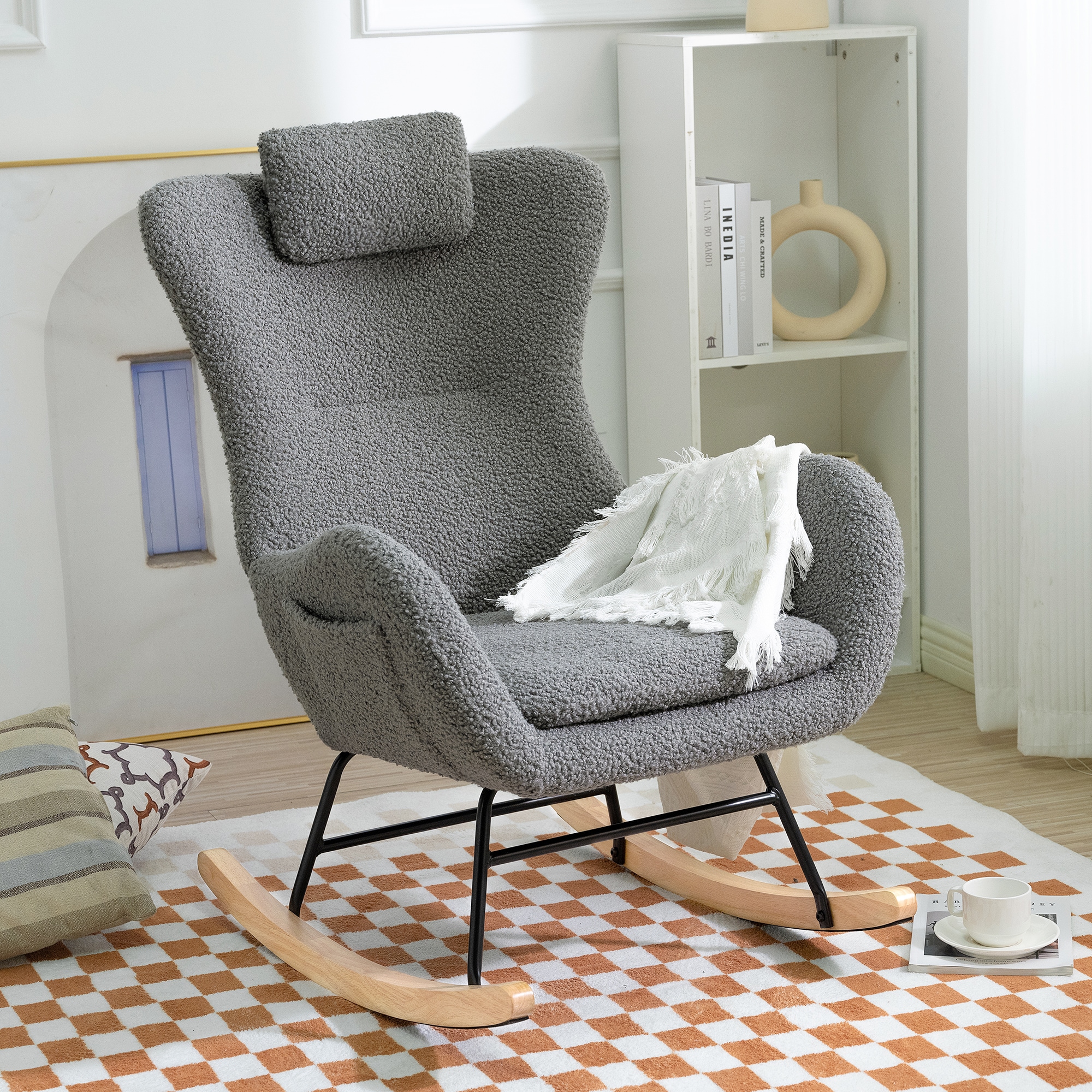 F61Rocking Chair Nursery, Teddy Upholstered Rocker Glider Chair with High Backrest, Adjustable Headr