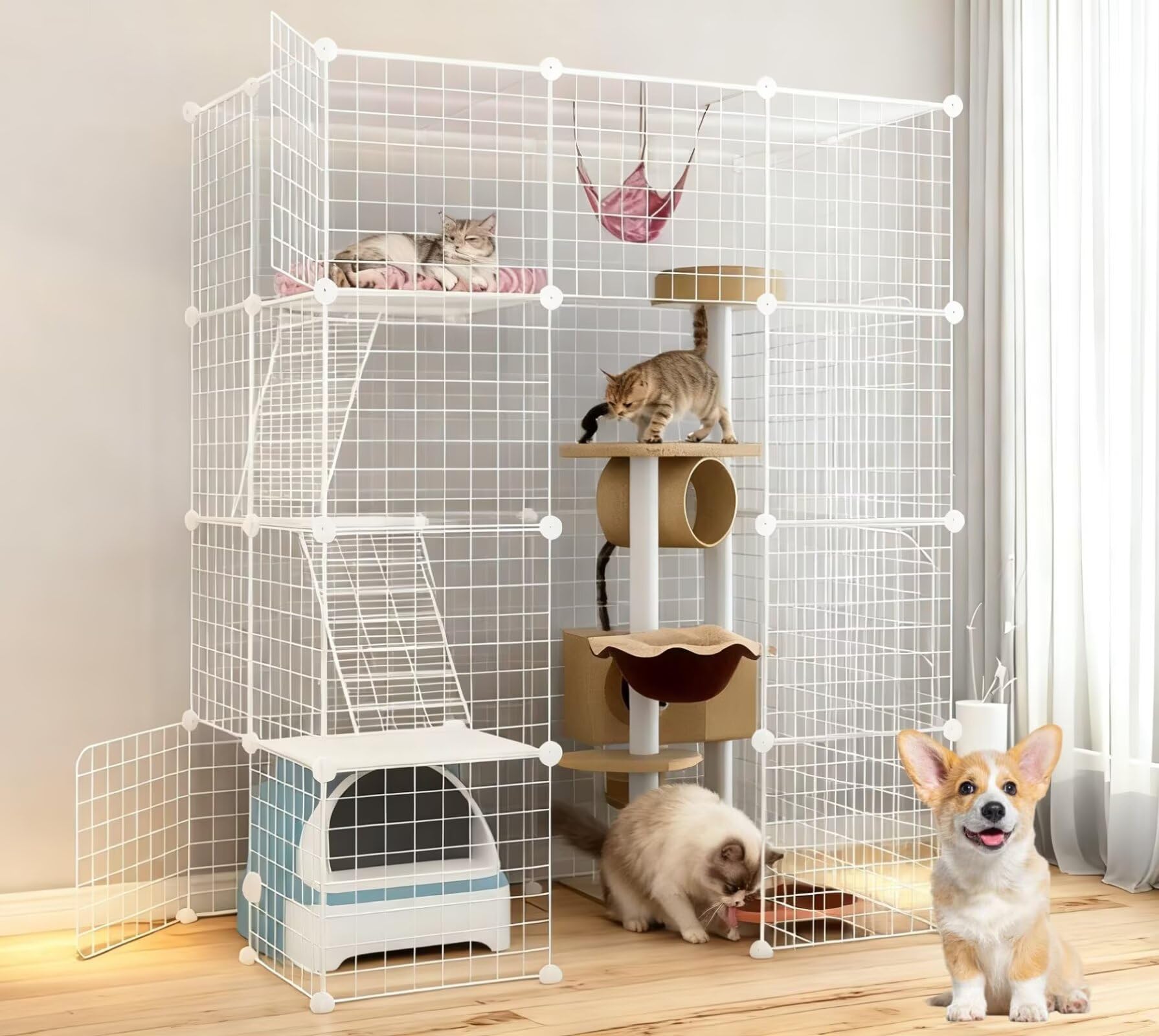 猫 ケージ キャットケージ 大型 4層 3列 2行 DIYコンビネーション脱走防止 ペット 111*75*146.5cm キャットハウス はしご付き 広いスペース 多頭飼い 猫の巣 猫別荘 保護 脱走