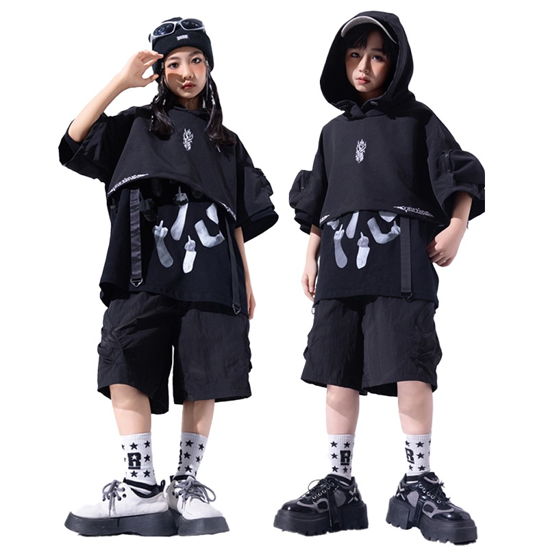 ヒップホップ ダンス衣装 ブラック 上下セット フード付き トップス 半袖シャツ 半ズボン かっこいい オールブラック ユニセックス