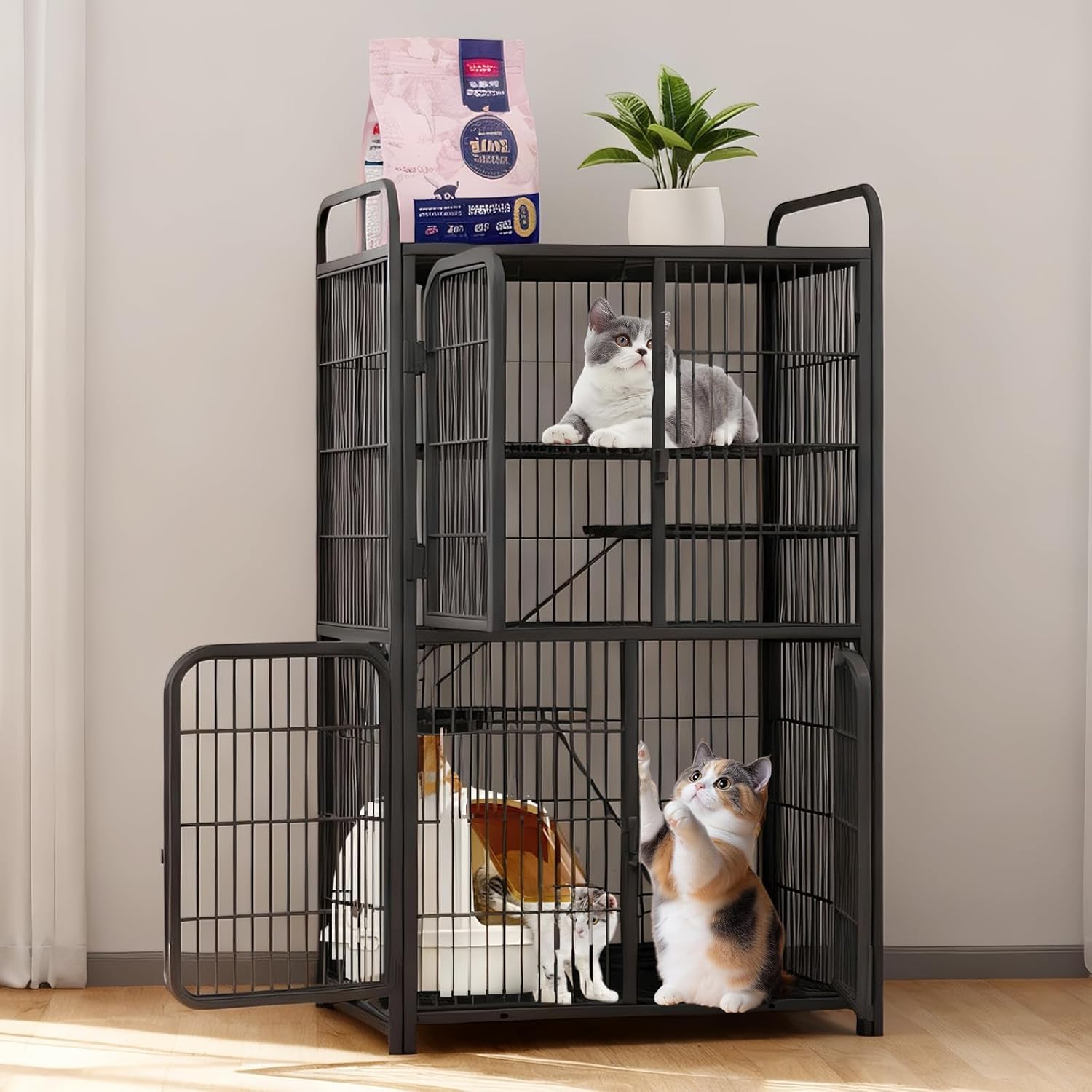 大型多段式猫ケージ 4段 80×54×137cm 黒 組立簡単 底部引き出しトレイ付き 換気良好 多頭飼い対応 室内用