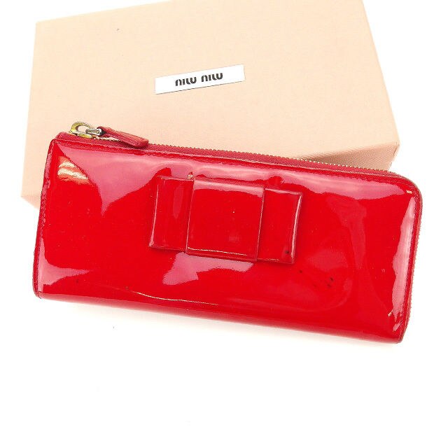 長財布 L字ファスナー リボンモチーフ ロゴ入り レッド ゴールド 中古