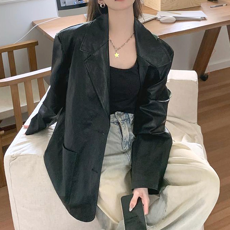 レディース スーツ ブレザー レザー pu カラー 韓国 ファッション カジュアル おしゃれな ルーズ レザー ジャケット アウター