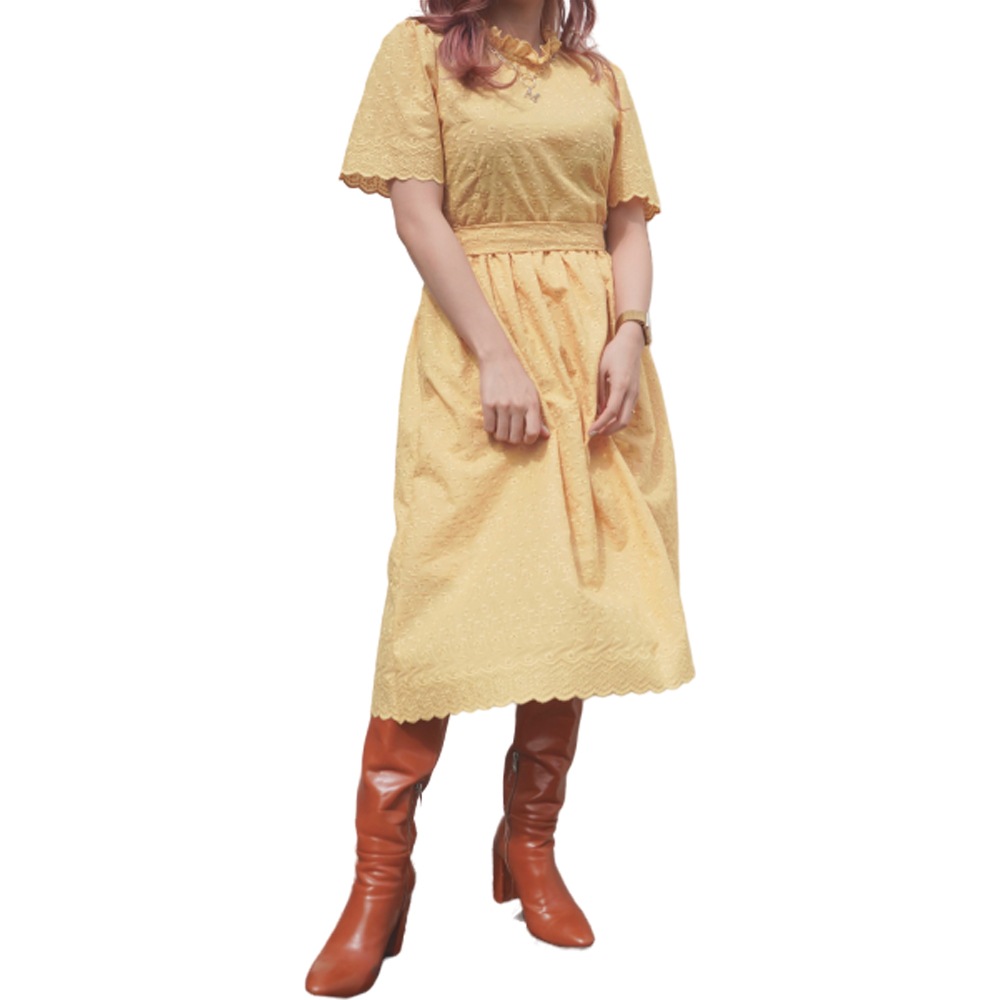 Flower Cutwork Flare Onepiece (yellow) A,D,G レディース