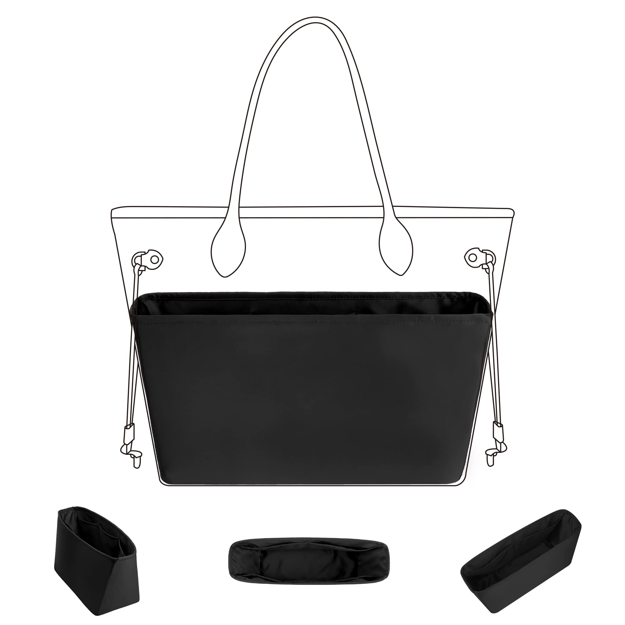 DGAZ ネヴァーフル用 バッグインバッグ 柔らかい 高級シルク サテン バッグオーガナイザー インナーバッグ 収納バッグ 多機能ポケット 適用Neverfull（ブラックGM）