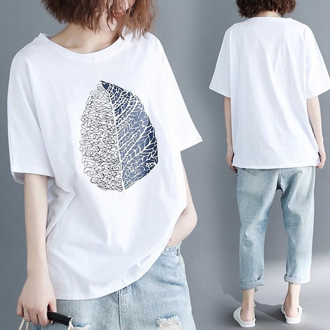 Tシャツ 半袖 レディース サマーTシャツ 白 ゆったりTシャツ 半袖Tシャツ 葉っぱ柄 夏Tシャツ ゆったり レディースTシャツ カットソーシャツ・ブラウス