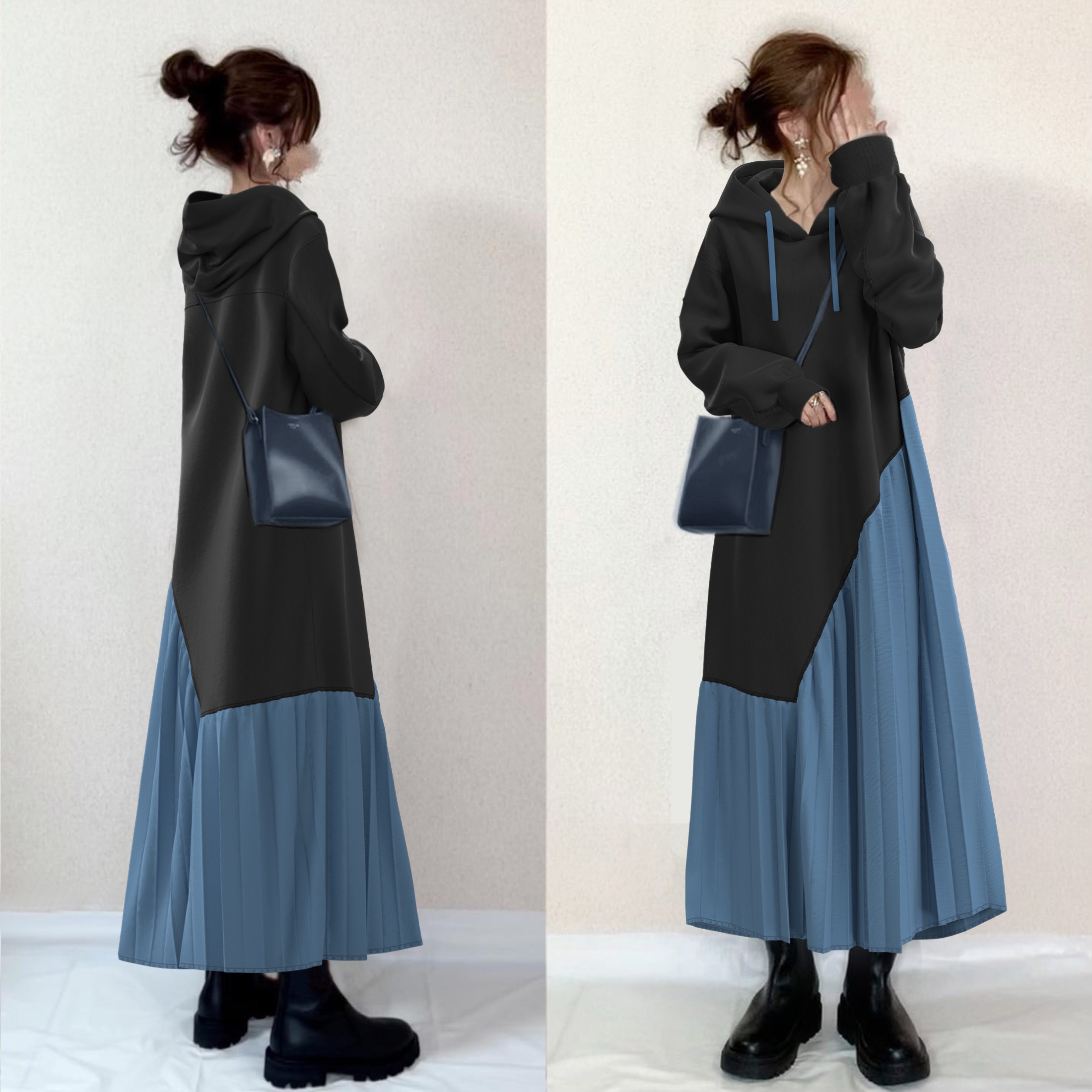 【韓国の人気爆発】 個性的なデザイン カジュアル ギャザー 配色 長袖 フード付き カジュアルワンピース レディース