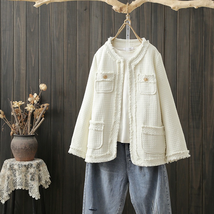 レディース トップス ジャケット 上着 羽織 前開き ノーカラージャケット レギュラー丈 長袖 襟なし ノーカラー スリム フォーマル フェミニン ポケット ツイード コンサバ ボタン 綿 コットン