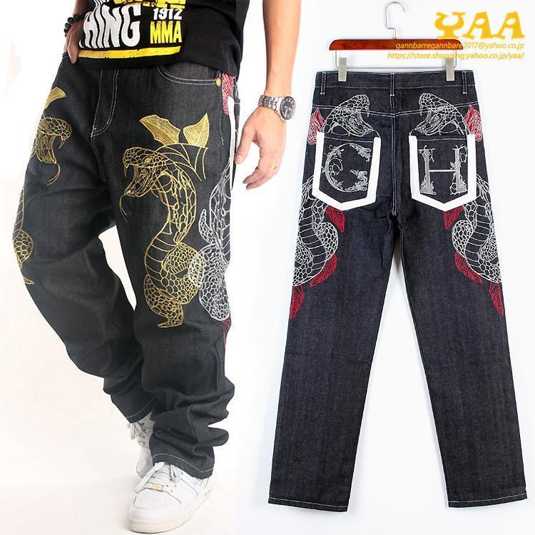 ジーンズ メンズ 刺繍 バギーパンツ デニムパンツ ワイドパンツ ロング丈 ボトムス 大きいサイズ きれいめ ストリート ヒップホップ