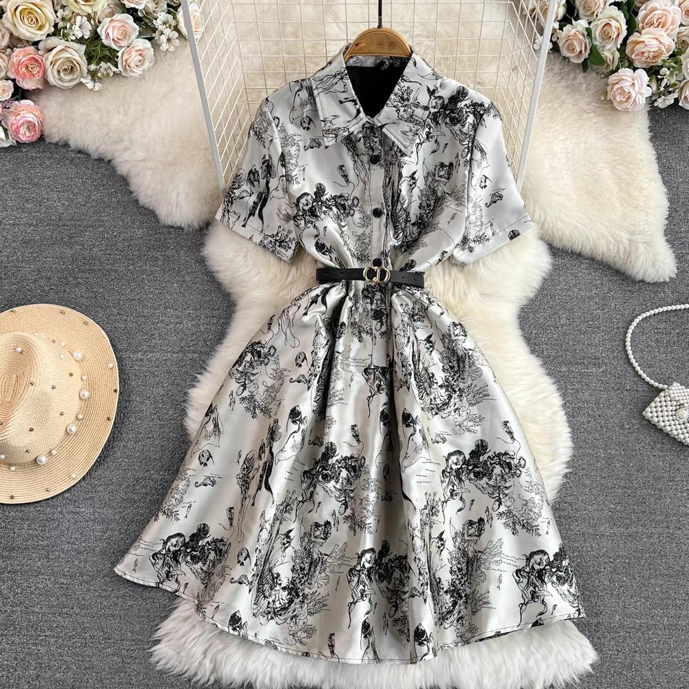 ワンピース レディース シャツワンピ フレア 膝丈 半袖 Vネック 襟付き 角襟 Aライン フェミニン ウエストマーク ハイウエスト かわいい 大人可愛い 上品 おしゃれ かっこいい レトロ こなれ感