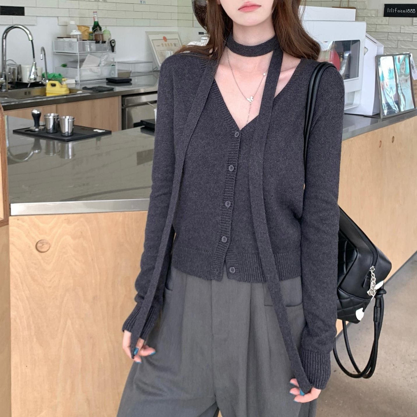 【送.料.無.料.急速発送】首掛けニットカーディガン秋のリボン襟で痩せ見え高級長袖セーターコート