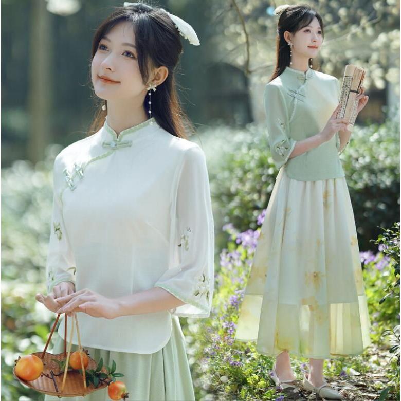 プリントスカート中華ドレス 花刺しゅうトップス 古典ダンス衣裳 漢服 お呼ばれドレスとても安い 発表会 演奏会 美しいチャイナ服 チャイナドレス 民国風チャイナ服