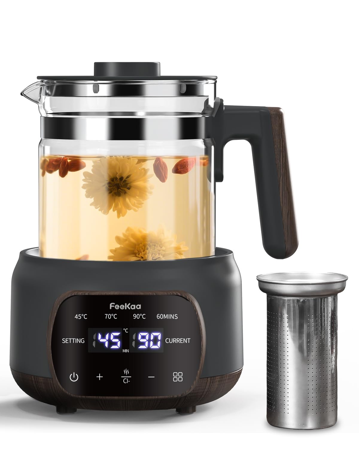 Feekaa 電気ケトル ガラス 温度調節 (1℃) 72H保温機能付き 1.3L大容量 37℃~95℃温度設定 湯沸かしケトル 小型 急速沸騰 お茶/コーヒー/粉ミルク/お湯/甘酒/漢方薬 電気ポ