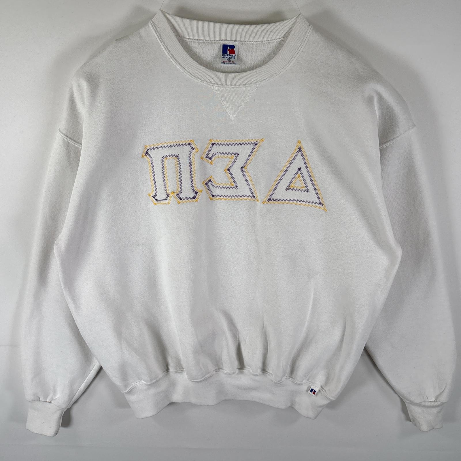 古着 90s/90年代 USA製 スウェット トレーナー クルーネック 刺繍 前Vガゼット 大きいサイズ XXL ホワイト メンズ