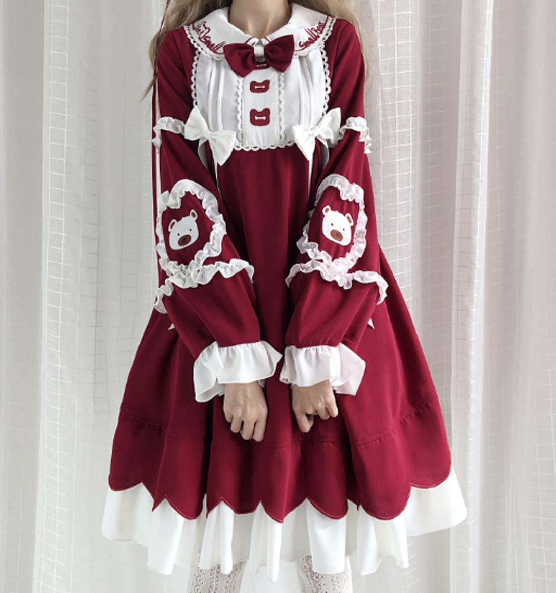 ロリータ服 ワンピース レッドクマ 長袖 コスプレ かわいい 森ガール (Ｓ 長袖)