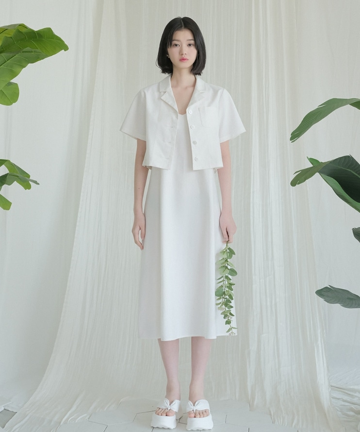 [SET]French Linen Slim Crop shirt & Sleeveless Dress