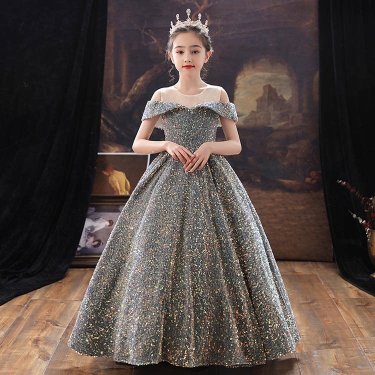 ピアノ発表会ドレス ロングドレス グレー スパンコール 子供ドレス キラキラドレス 女児ドレス 演奏会ドレス オフショルダー 肩出し 女の子ドレス キッズドレス フォーマル 100~160cm