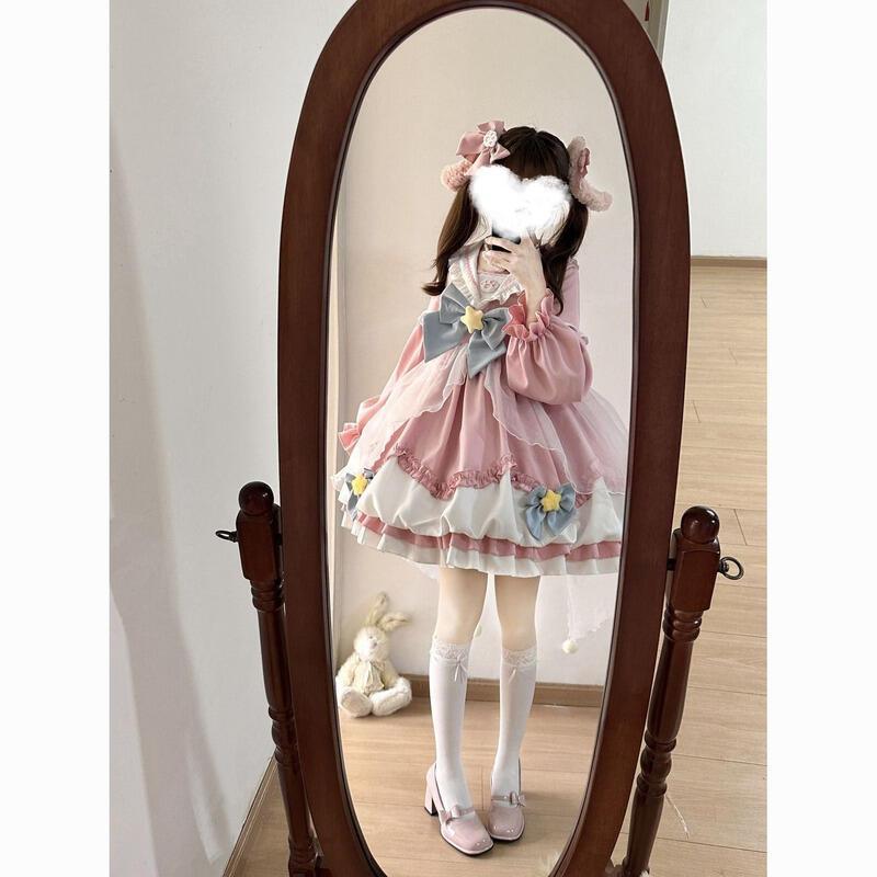 デザインネイビーカラーの冬のドレスOP長袖ロールプレイングフラワーバッド秋冬フルセットかわいい新しいスタイルのドレス