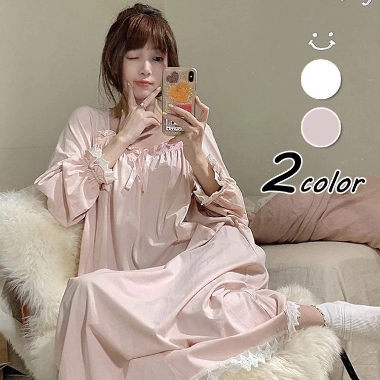 ネグリジェ 春秋 姫 ネグリジェ 長袖ワンピース レースフレアネグリジェ ロング丈 ウェア パ A109