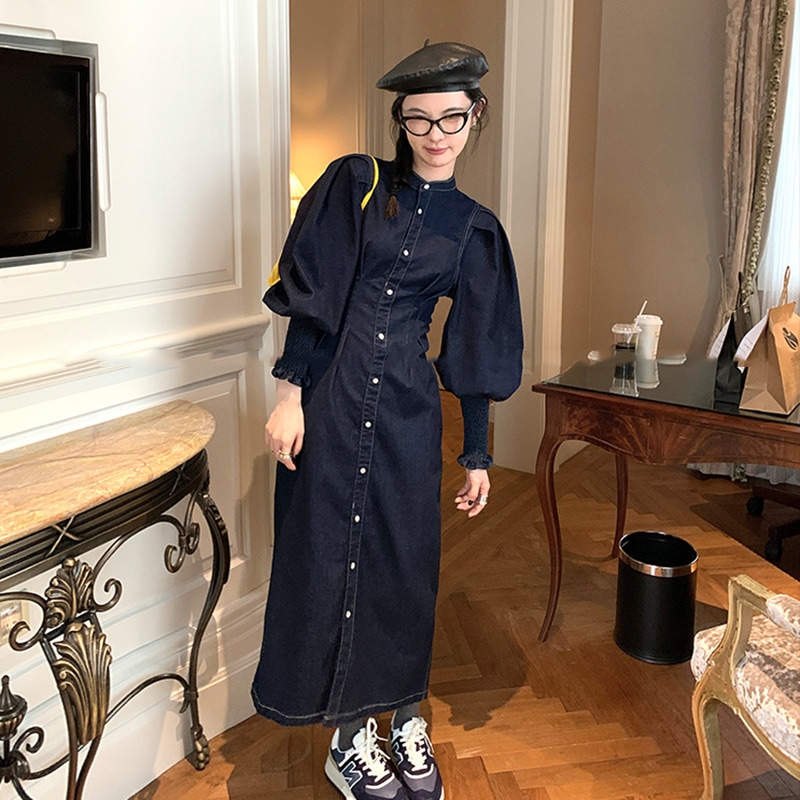 デニムワンピース レトロ スタイルアップ ブルー ウエストスリム デニムドレス 長袖 レディース